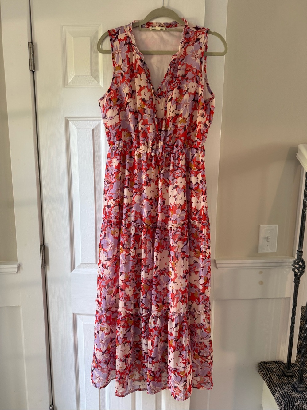 Indigo Rose Sz L Floral Sleeveless Maxi Dress Tiered Lined Tie Front V-Neck EC2
